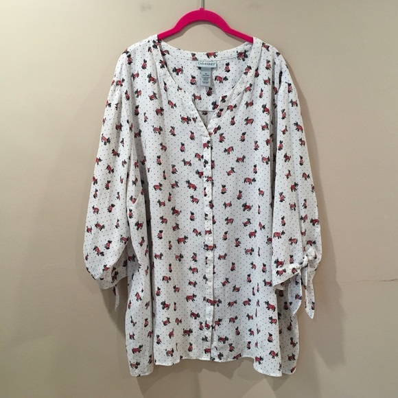 Catherines Women's Blouse Tunic Top All Over Dogs Print White Red Plus 3X 26/28W - Picture 1 of 4
